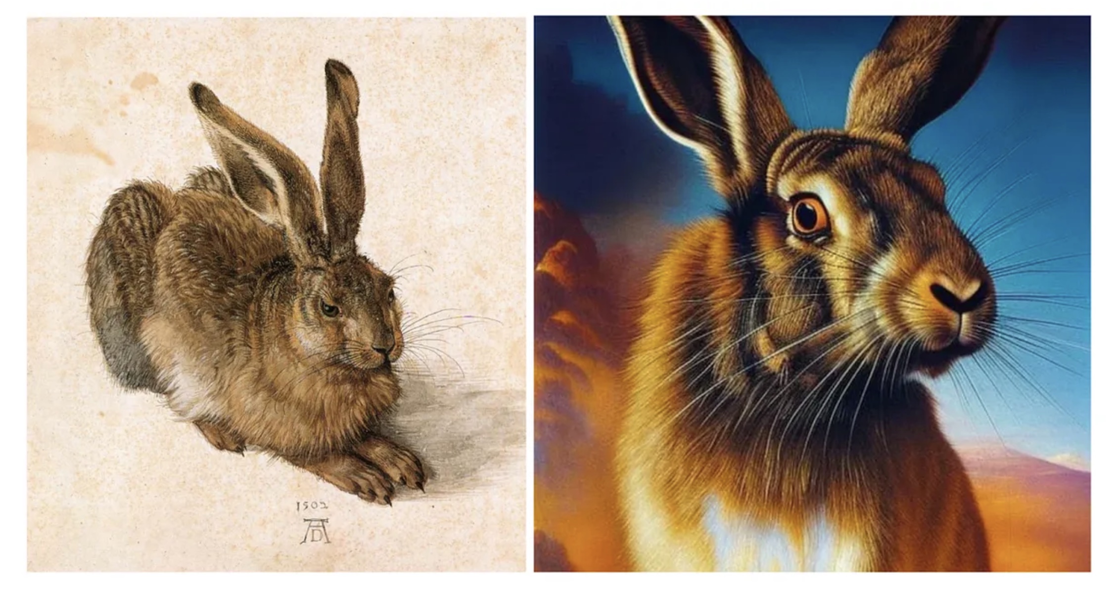 Figure 2: Young Hare by Albrecht Dürer, 1502 (left), Hare by AI, 2022 (right).